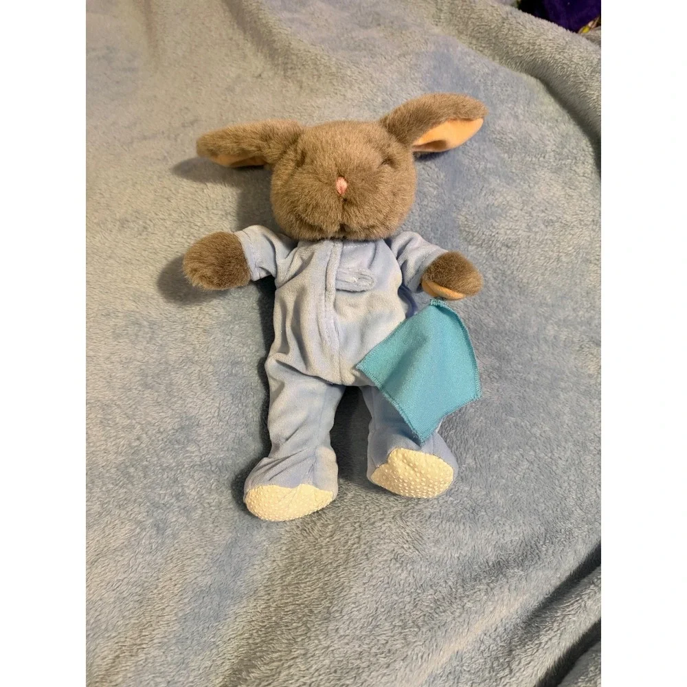Vintage Sleepy Bunny Plush in Blue Footed Pajamas with Security Blanket Toy